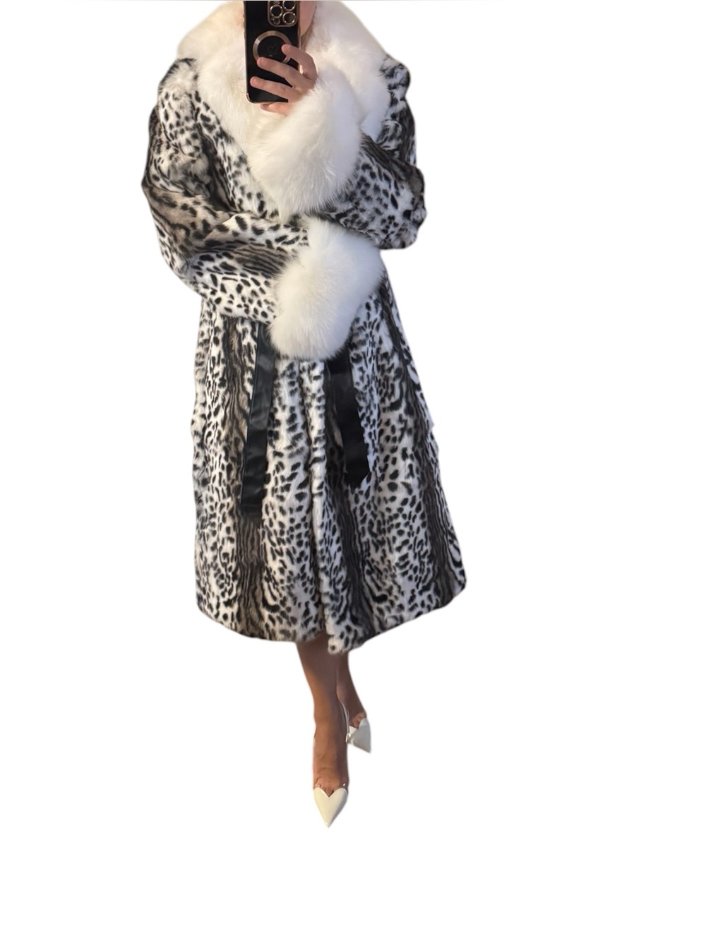 Luxury White & Black Leopard Print rabbit Fur Coat with White fox Collar - Picture 6 of 16